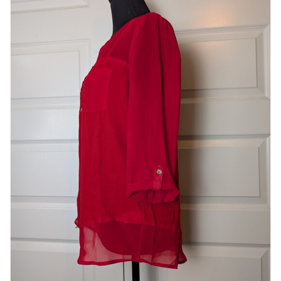 Express Red Blouse Size S Panels Roll up Sleeve Pockets Chic Colorful Career - Picture 4 of 7